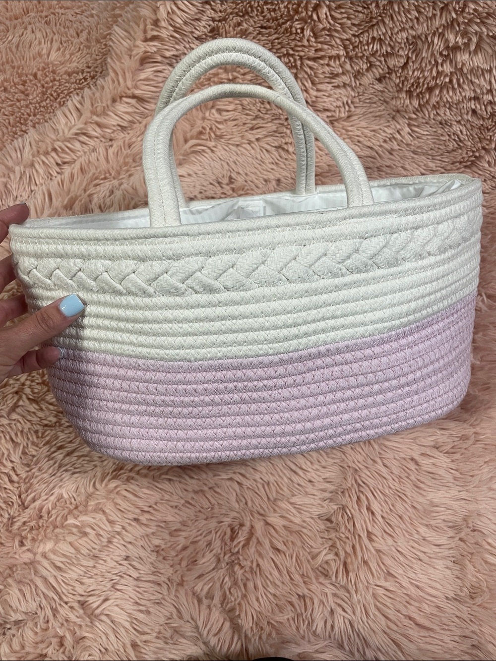 Two-Tone White and Light Pink Woven Tote Bag